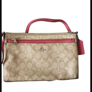 Coach Tan and Pink Crossbody Bag with Signature Pattern